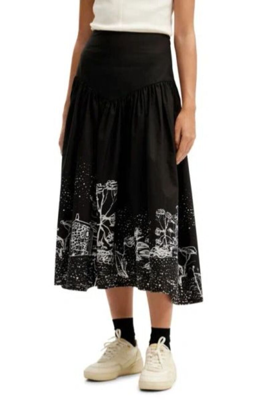 DESIGUAL Women's Fal Salerno Poplin Midi Skirt size M NWOT Black Novelty Graphic